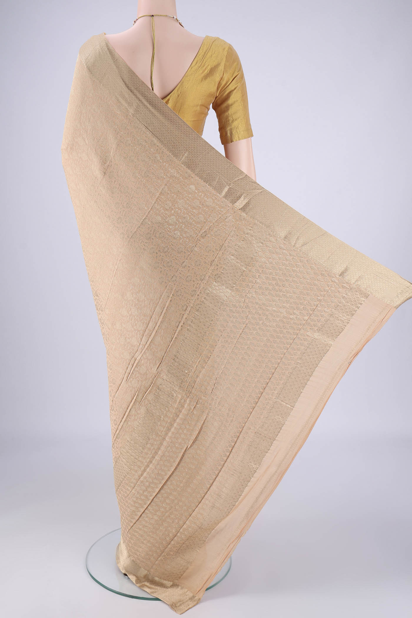 Flat view of Sandal Mysore Crepe Saree with Zari Brocade on the body and Zari Border. 