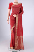 Red Mysore Crepe Saree with Zari Brocade on the body and Zari Border.  displayed on a mannequin
