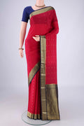 Rani Pink Mysore Crepe Saree with Zari Butta on the body and Zari Border.  displayed on a mannequin