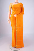 Yellow Mysore Crepe Saree with Plain Body and Zari Border.  displayed on a mannequin