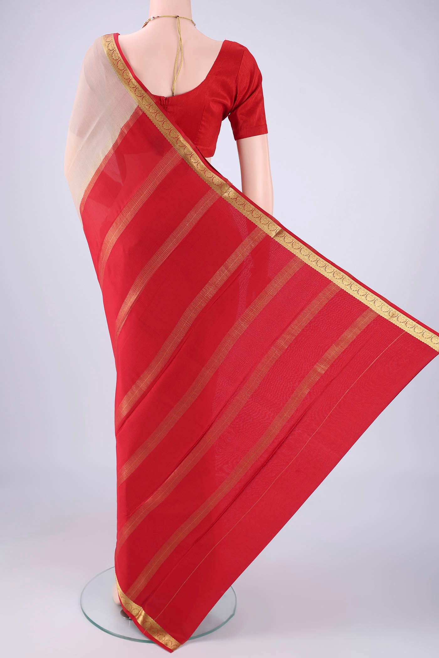 Flat view of Beige Mysore Crepe Saree with Plain Body and Zari Border. 