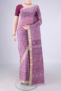 Lavender Printed Silk Saree with Printed design on the body and Zari Border.  displayed on a mannequin