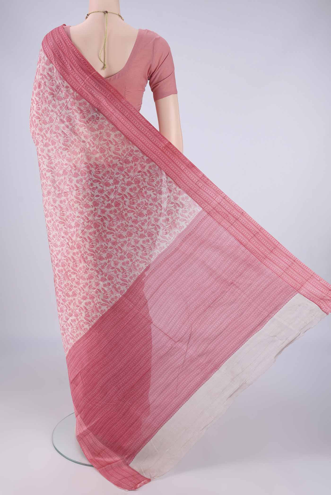 Flat view of Rose pink Printed Silk Saree with Printed design on the body and Printed Border. 