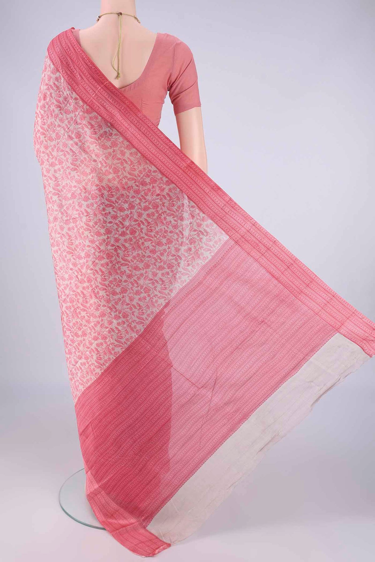 Flat view of Rose pink Printed Silk Saree with Printed design on the body and Printed Border. 