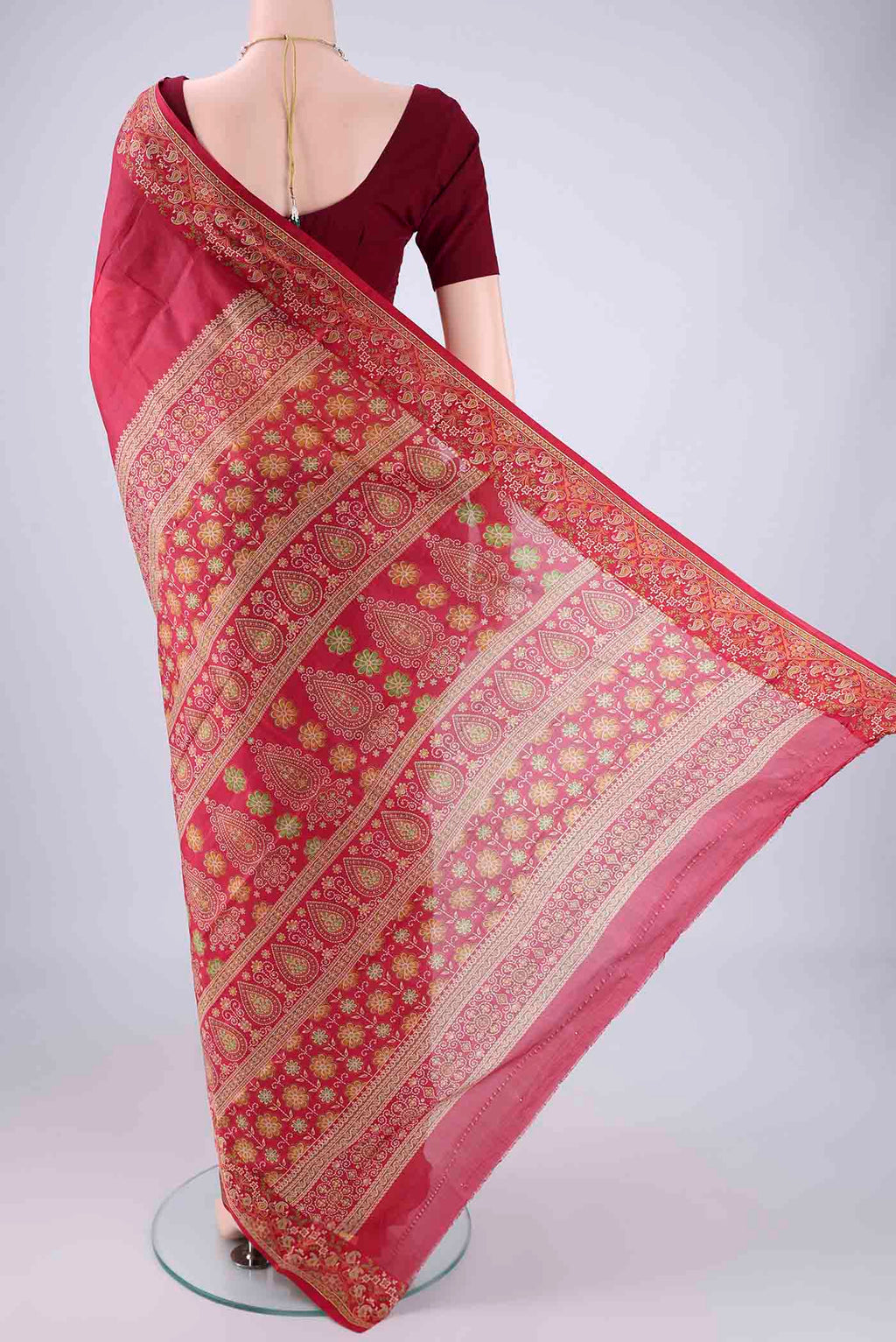 Flat view of Maroon Printed Silk Saree with Plain Body and Printed Border. 