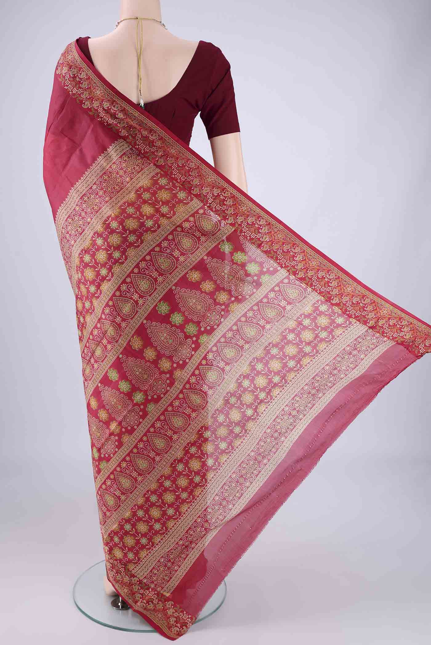 Flat view of Maroon Printed Silk Saree with Plain Body and Printed Border. 
