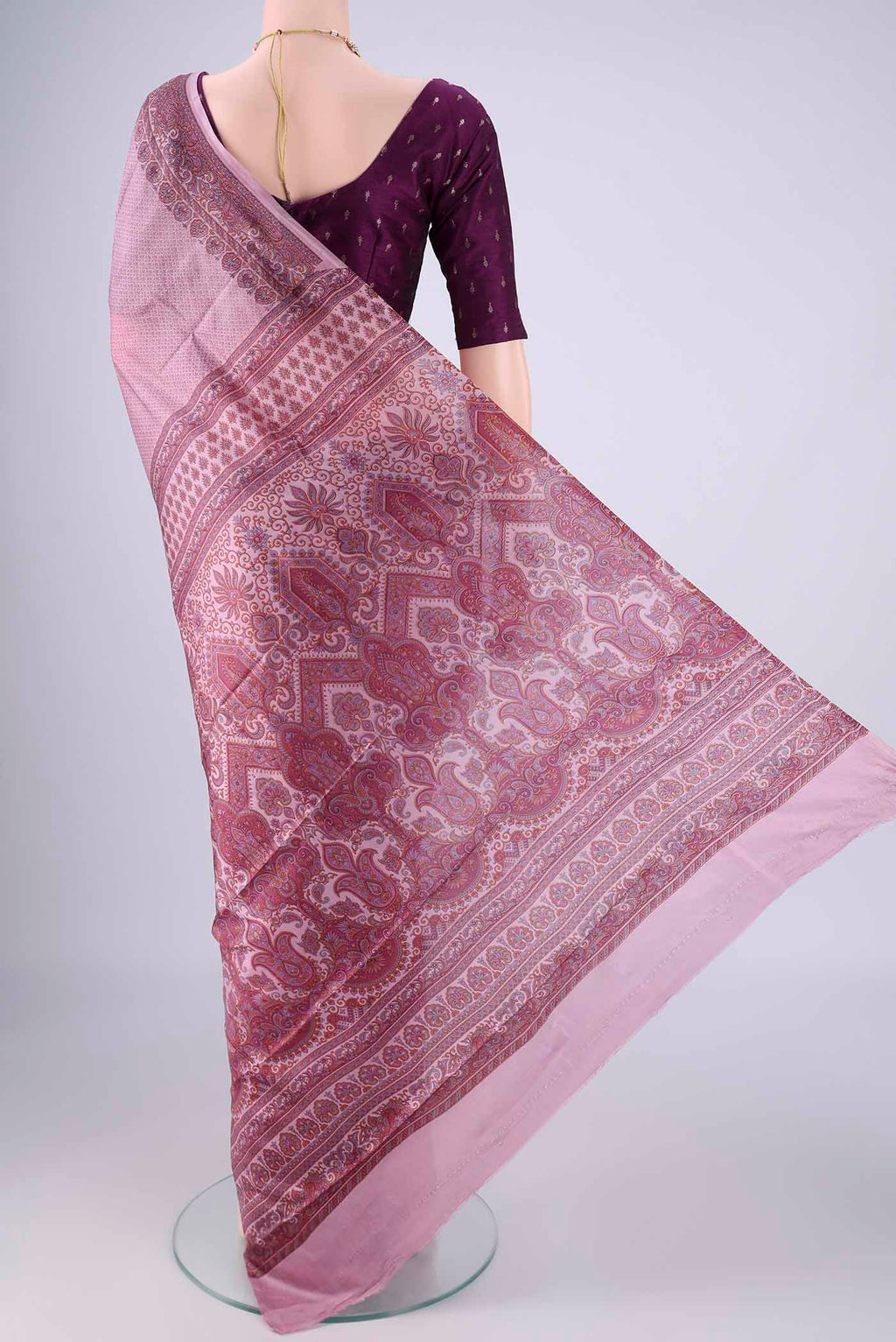 Flat view of Lavender Printed Silk Saree with Printed design on the body and Printed Border. 