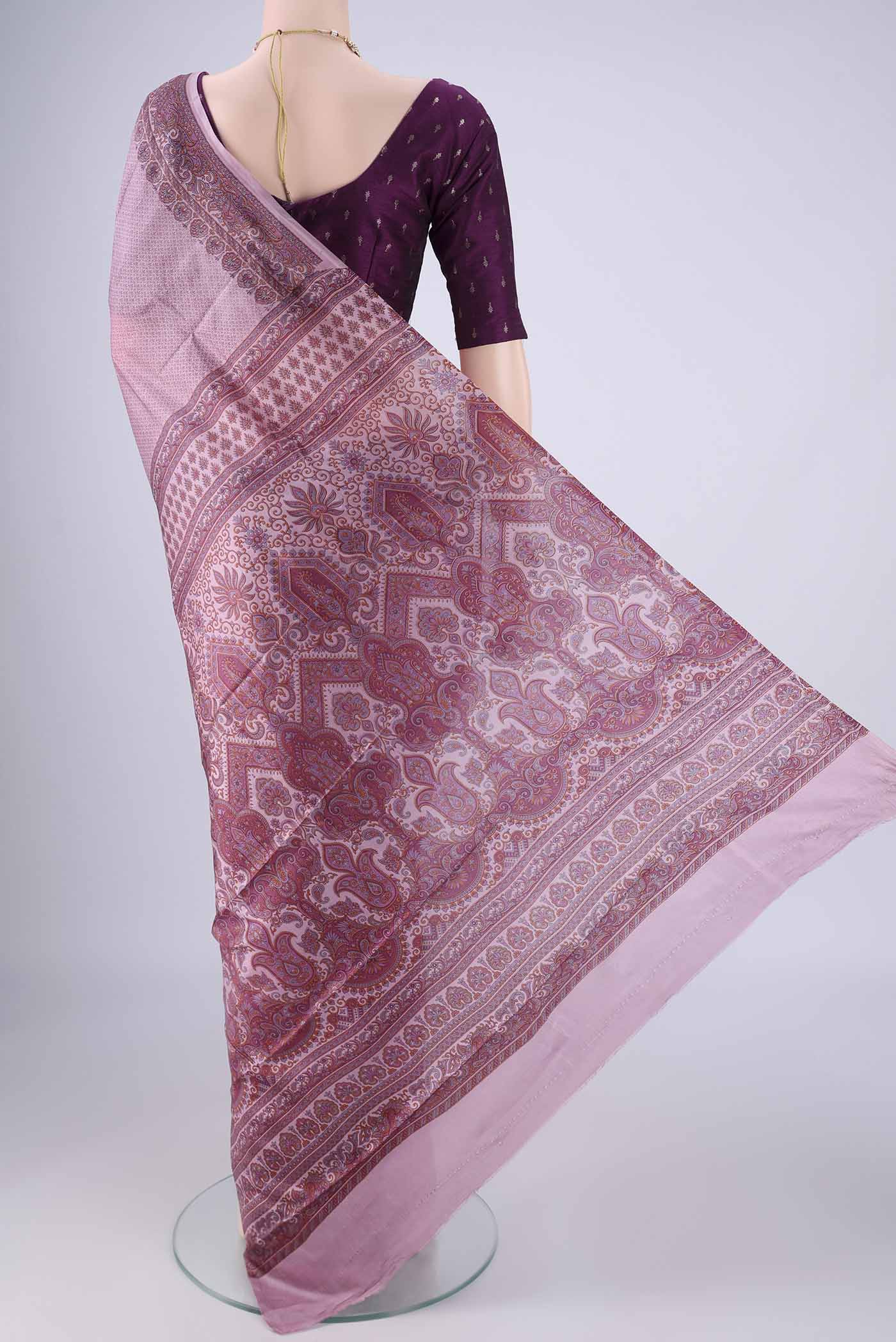 Flat view of Lavender Printed Silk Saree with Printed design on the body and Printed Border. 