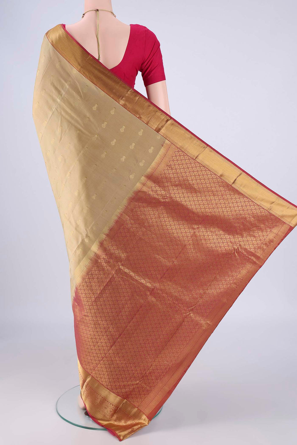 Flat view of Dark Beige Nangavalli Silk [ Salem ] Saree with Zari Butta on the body and Zari Border. 