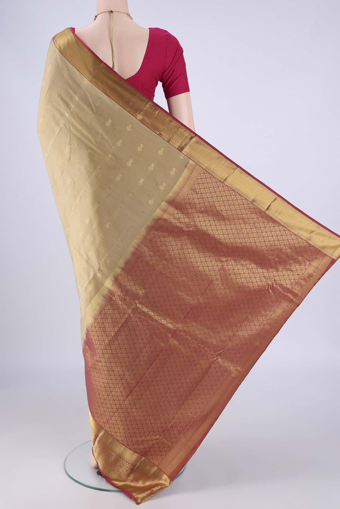 Flat view of Dark Beige Nangavalli Silk [ Salem ] Saree with Zari Butta on the body and Zari Border. 