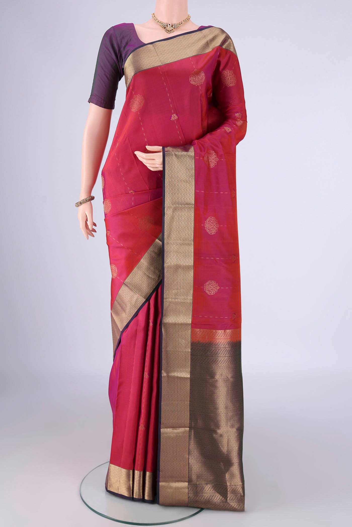 Pink Nangavalli Silk [ Salem ] Saree with Zari Butta on the body and Zari Border.  displayed on a mannequin