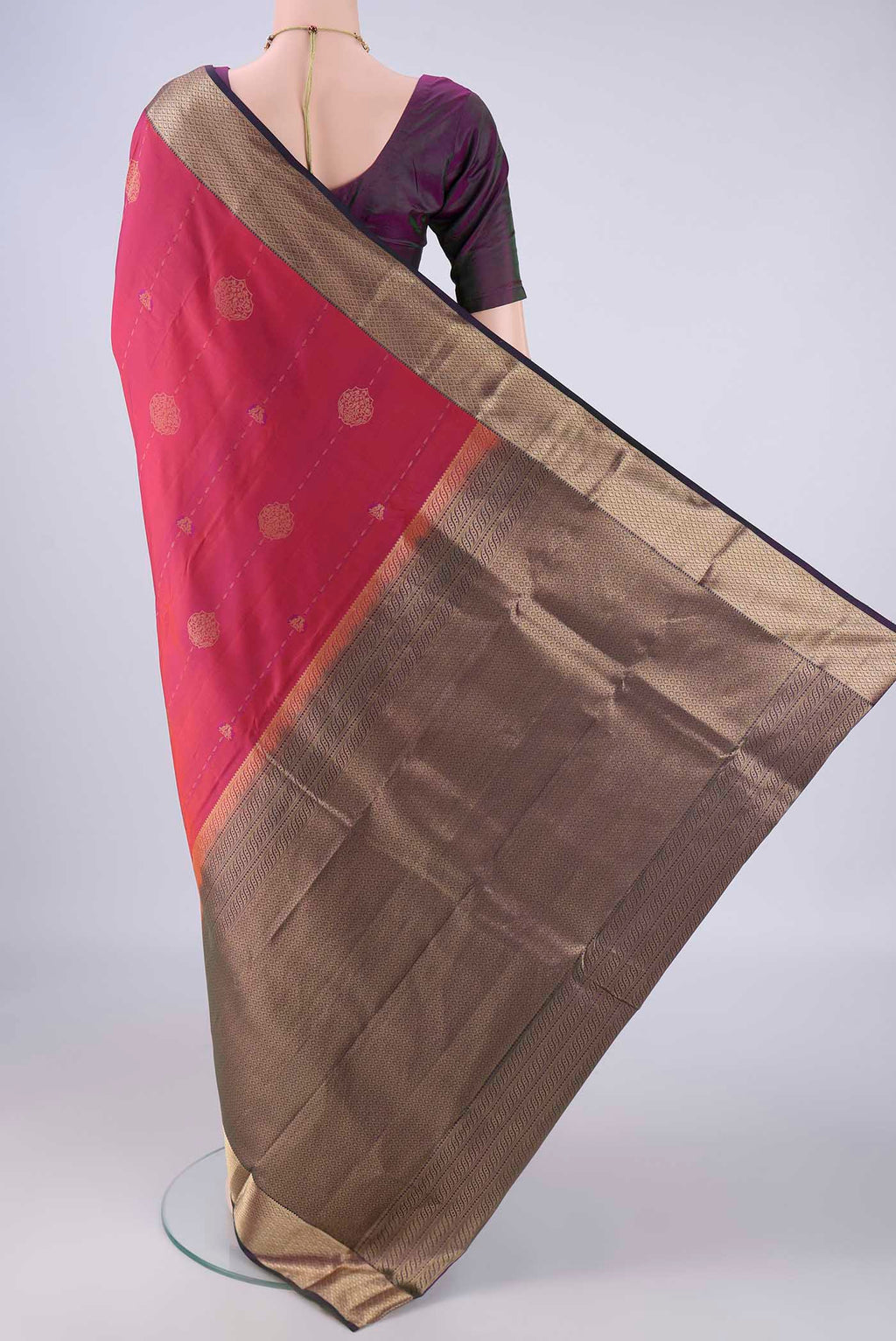 Flat view of Pink Nangavalli Silk [ Salem ] Saree with Zari Butta on the body and Zari Border. 