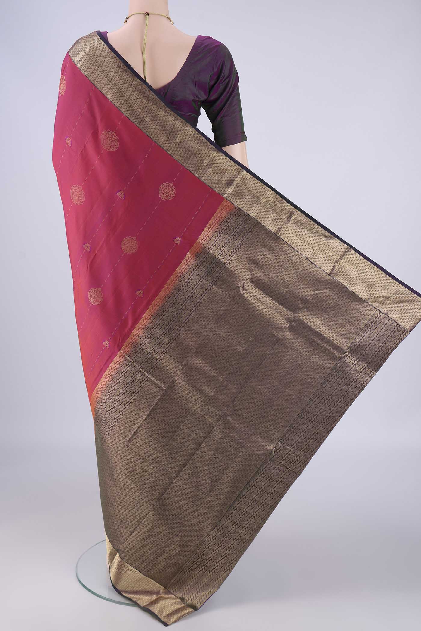 Flat view of Pink Nangavalli Silk [ Salem ] Saree with Zari Butta on the body and Zari Border. 