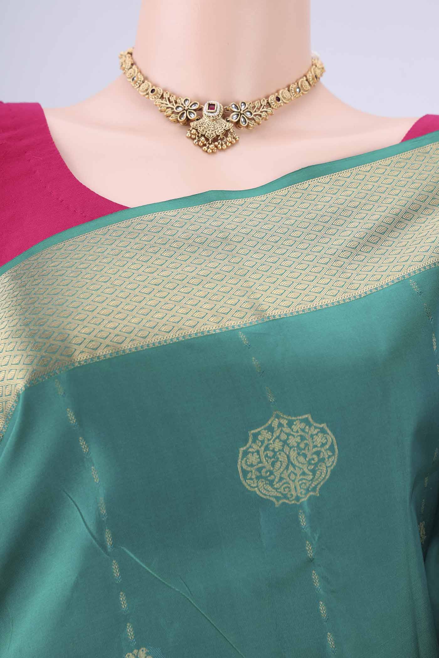 Border image of Sea Green Nangavalli Silk [ Salem ] Saree with Zari Butta on the body and Zari Border. 