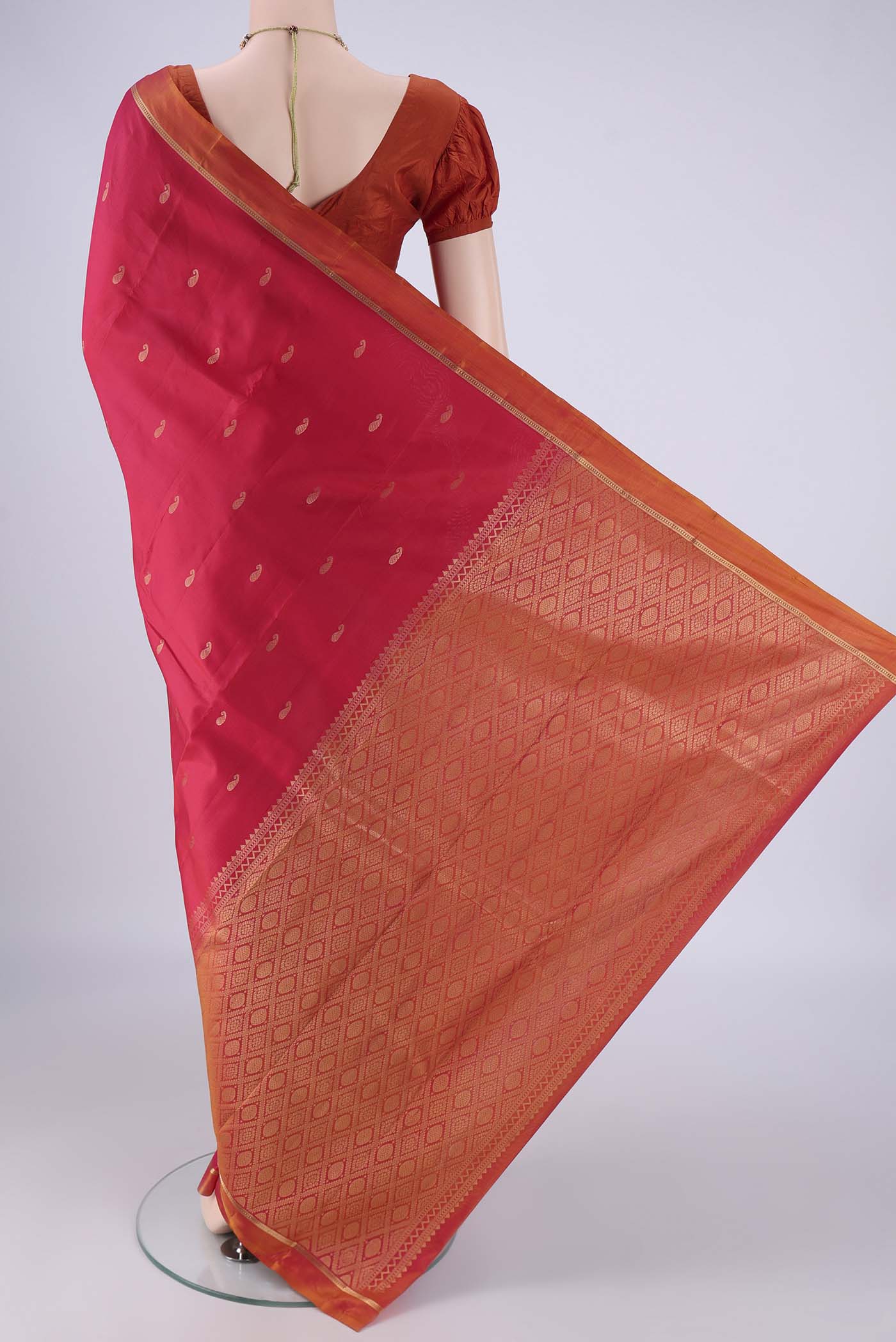 Flat view of Red Nangavalli Silk [ Salem ] Saree with Zari Butta on the body and Zari Border. 