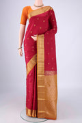 Maroon Kanchipuram Silk Saree with Zari Butta on the body and Zari Border.  displayed on a mannequin