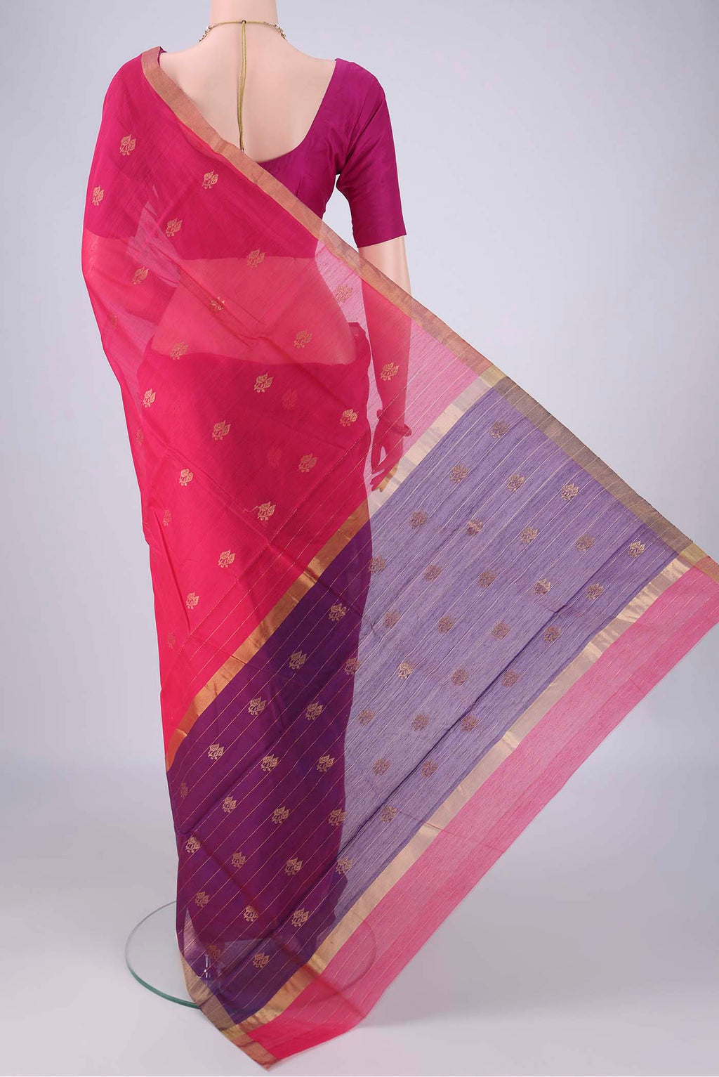 Flat view of Pink Chanderi Silk Cotton Saree with Zari Butta on the body and Zari Border. 