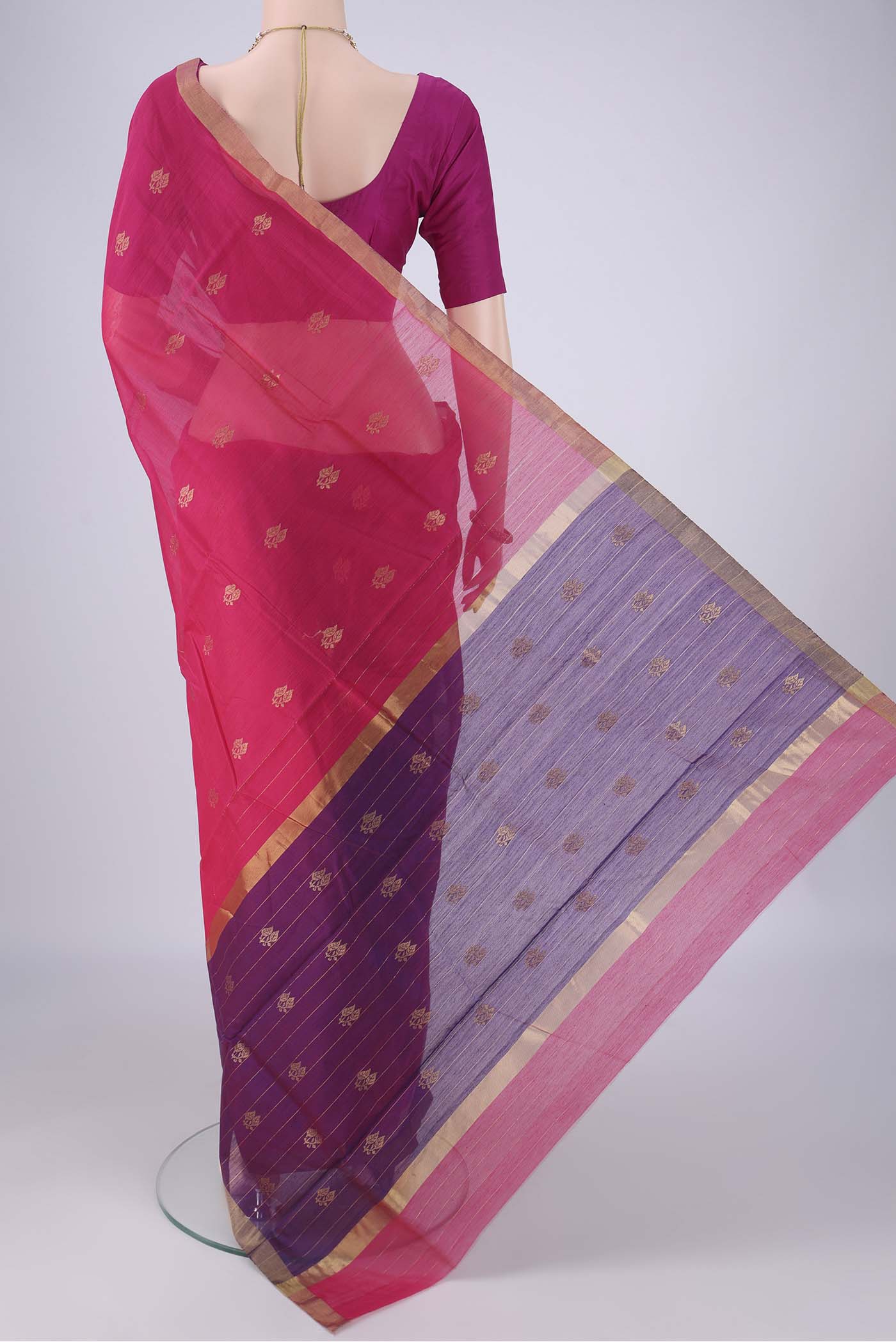 Flat view of Pink Chanderi Silk Cotton Saree with Zari Butta on the body and Zari Border. 