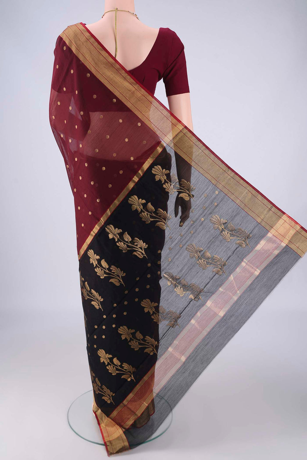 Flat view of Coffee Brown Chanderi Silk Cotton Saree with Zari Butta on the body and Zari Border. 
