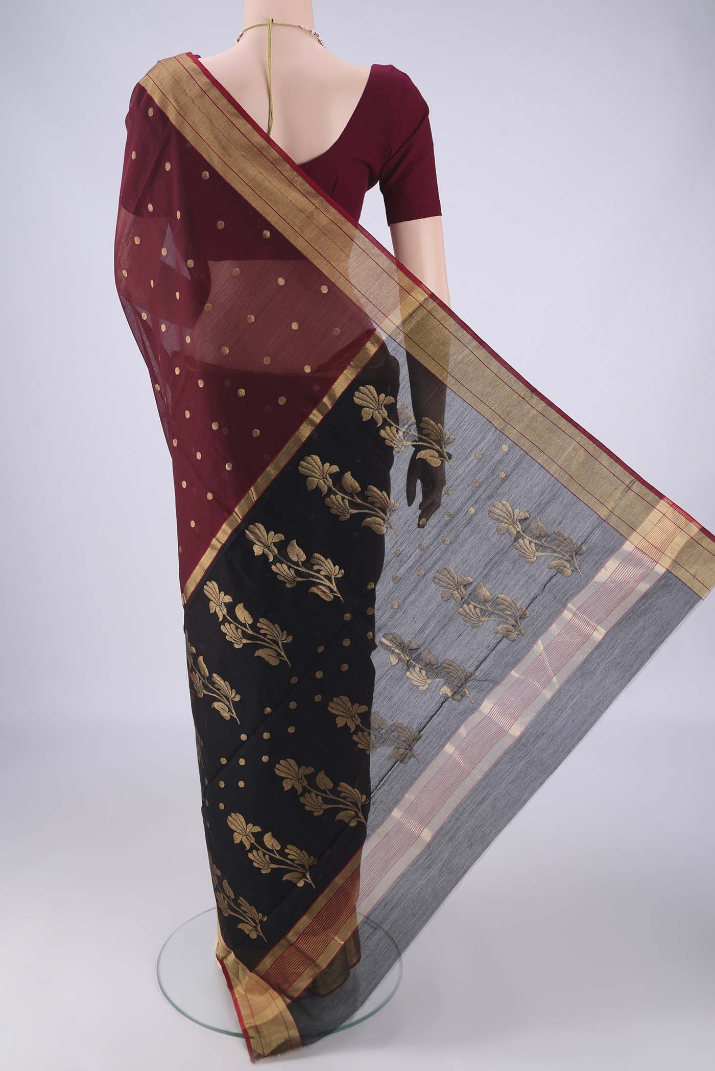 Flat view of Coffee Brown Chanderi Silk Cotton Saree with Zari Butta on the body and Zari Border. 