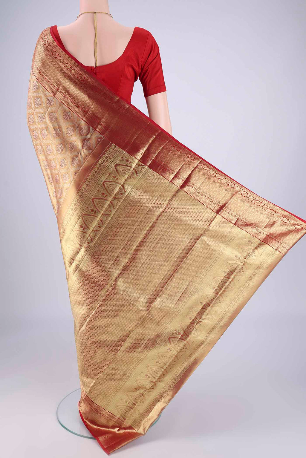 Flat view of Golden Dual Tone Kanjivaram Tissue Silk Saree with Zari Brocade on the body and Zari Border. 