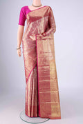 Rose Gold Dual Tone Kanjivaram Tissue Silk Saree with Zari Brocade on the body and Zari Border.  displayed on a mannequin
