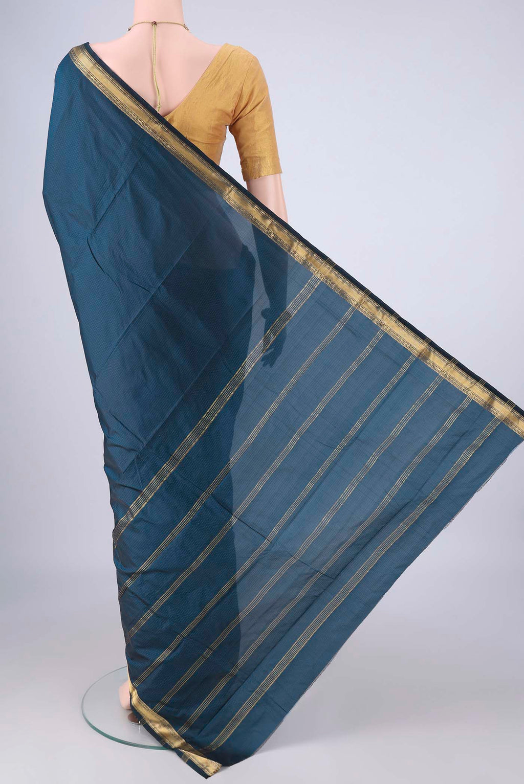 Flat view of Blue Blended Bangalore Silk Saree with Jacquard design on the body and Zari Border. 
