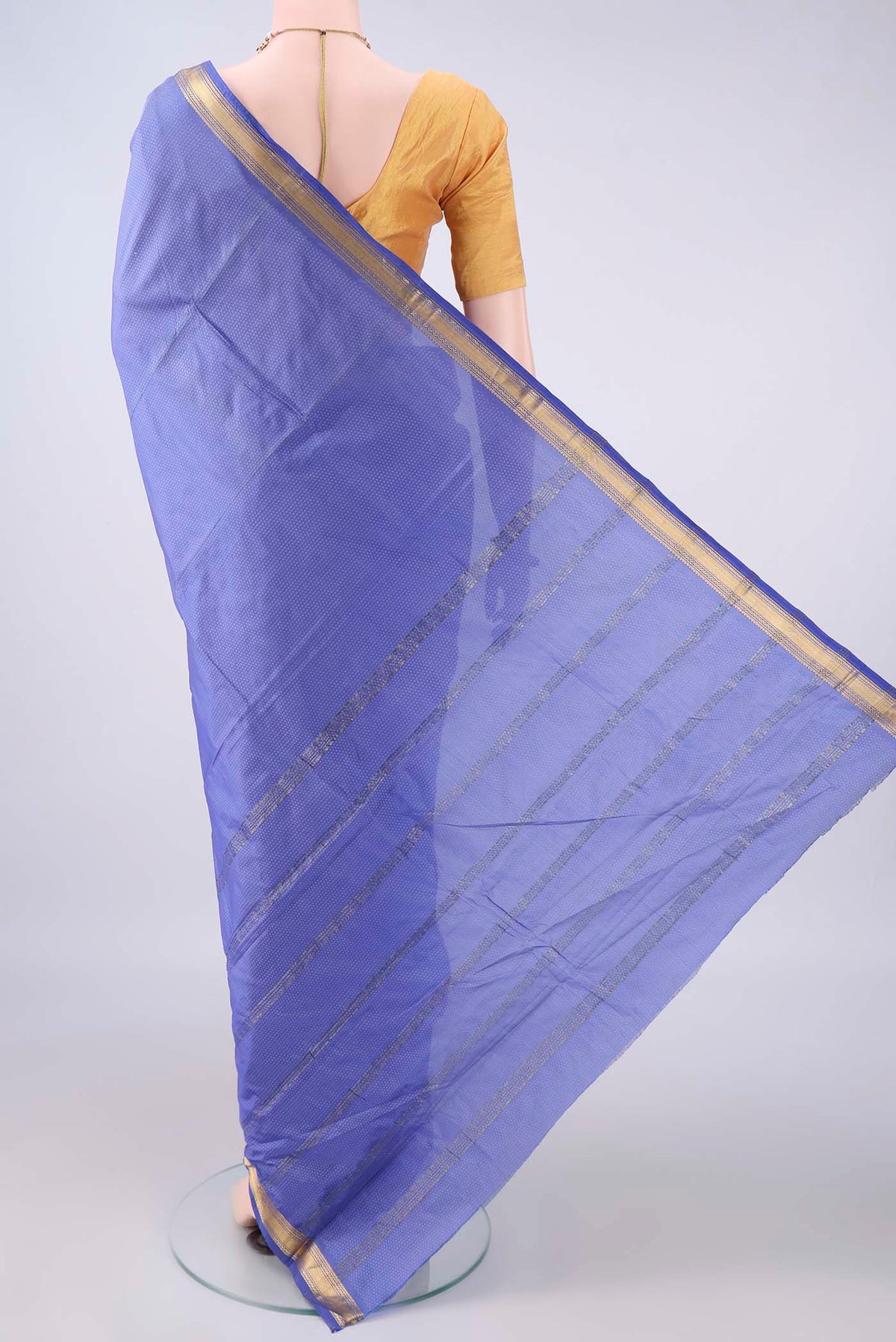 Flat view of Light Blue Blended Bangalore Silk Saree with Jacquard design on the body and Zari Border. 