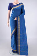 Blue Blended Bangalore Silk Saree with Plain Body and Zari And Thread Border.  displayed on a mannequin
