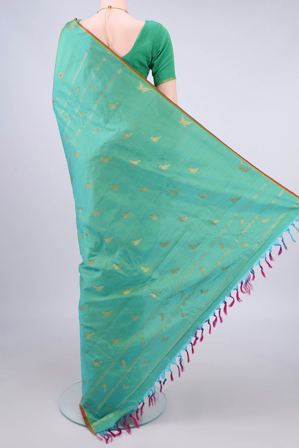 Flat view of Pure Silk Sea Green Gadwal Saree with Zari Butta on the body and Without Border. 