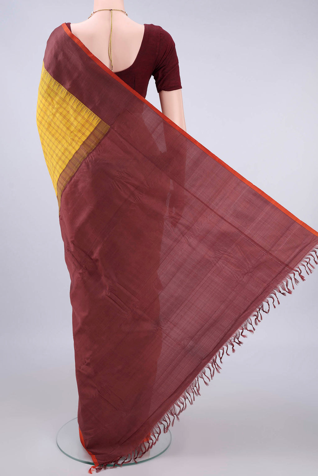 Flat view of Yellow Gadwal Cotton Saree with Checked design on the body and Plain Border. 