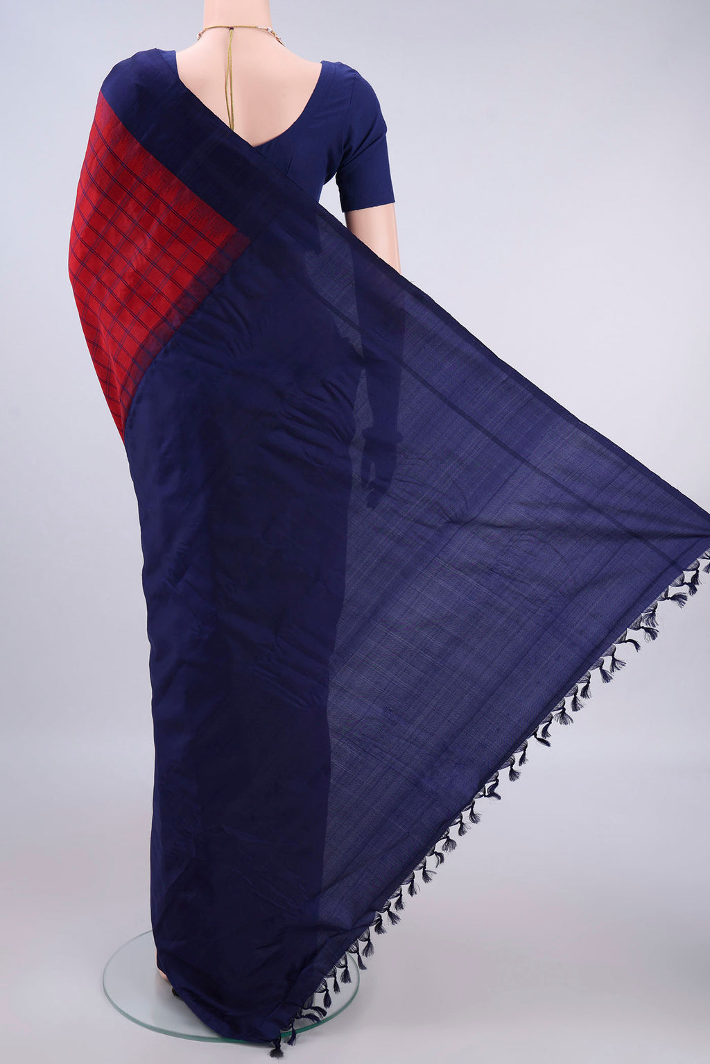 Flat view of Pure Silk Red Gadwal Saree with Checked design on the body and Plain Border. 