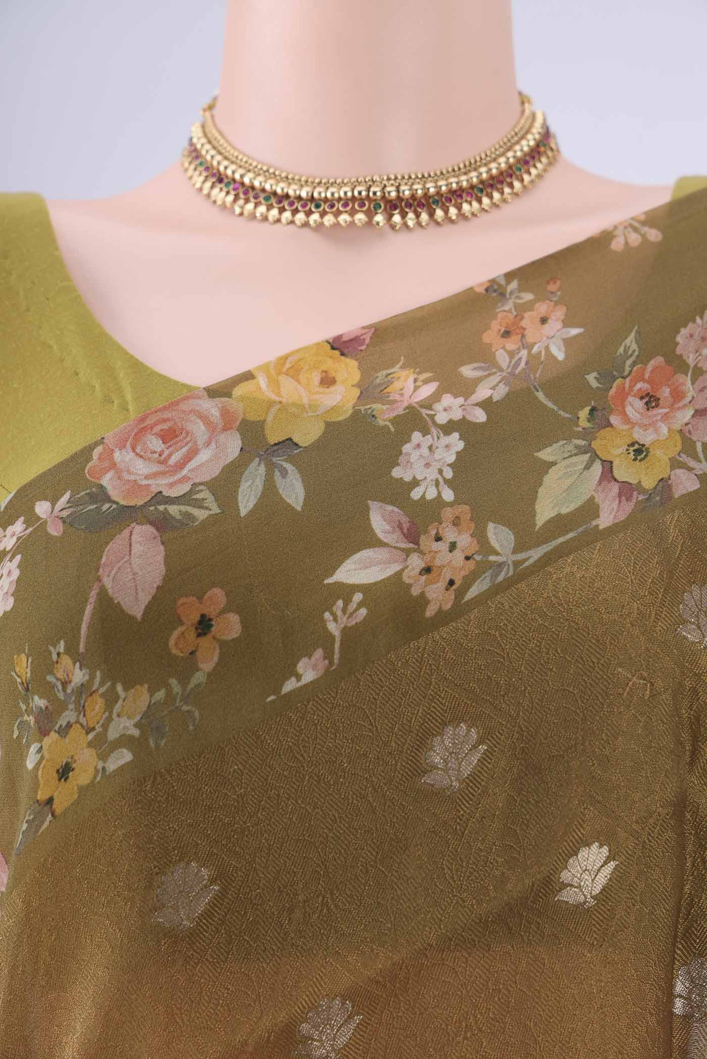Border image of Mehandi Green Organza Silk Saree with Jacquard With Zari Butta on the body and Printed Border. 