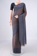 Davys Grey Blended Poly Cotton Saree with Plain Body and Plain Border.  displayed on a mannequin