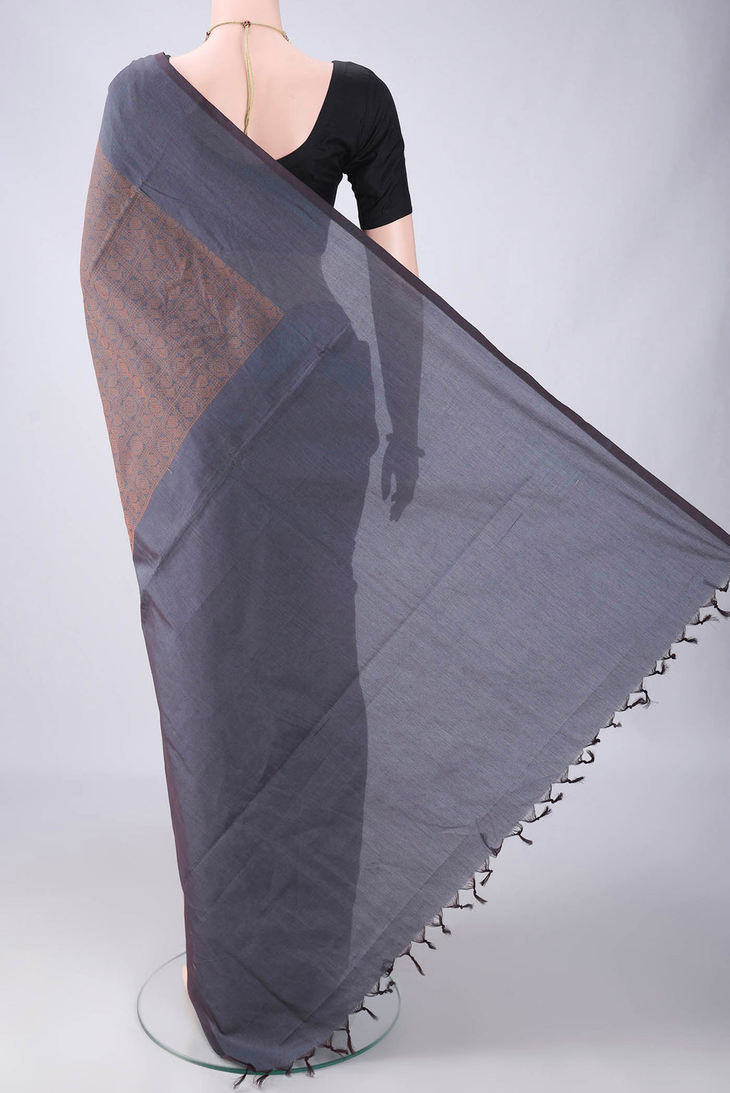 Flat view of Davys Grey Blended Poly Cotton Saree with Plain Body and Plain Border. 