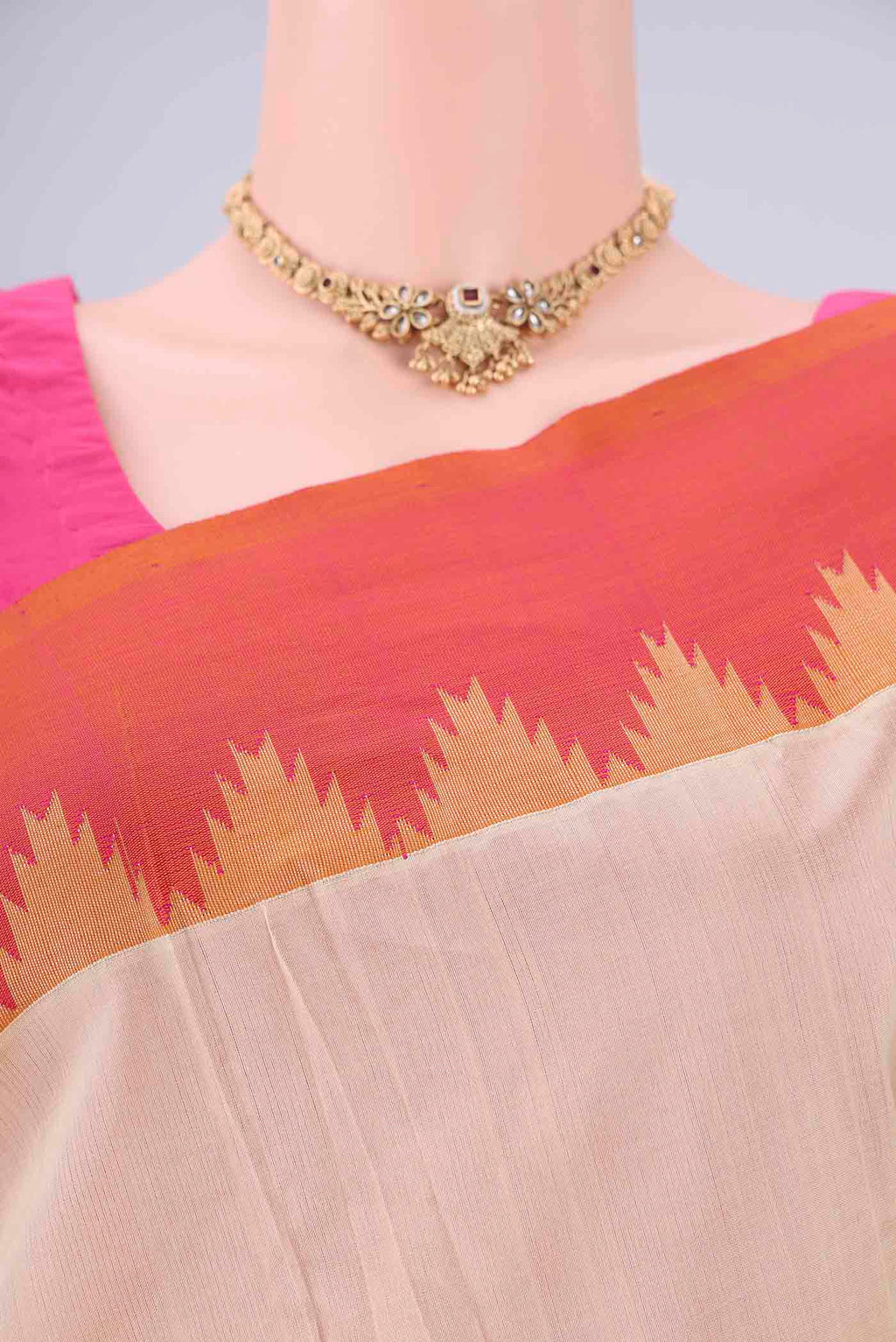 Border image of Cream Coimbatore Silk Cotton Saree with Plain Body and Temple Border. 