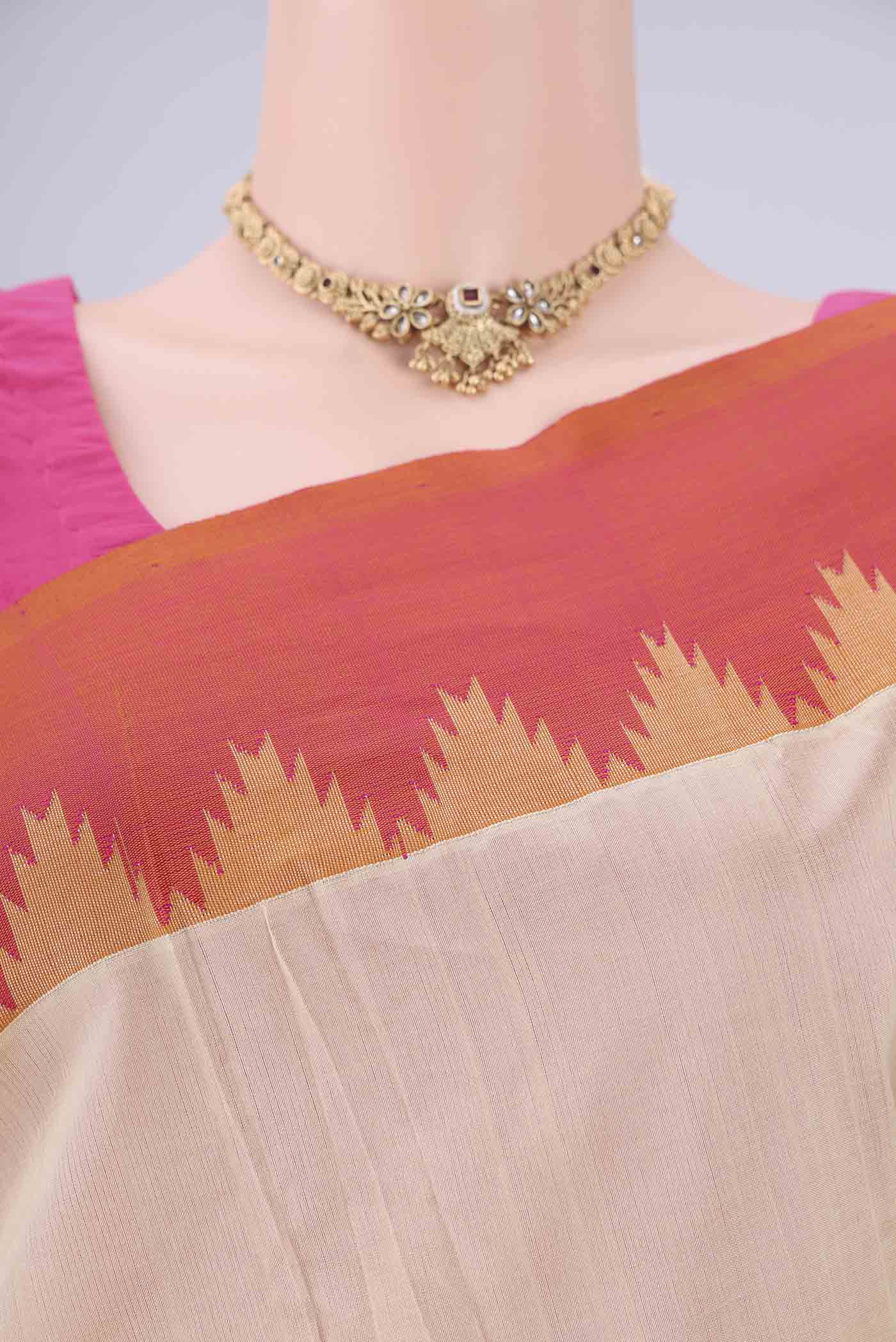 Border image of Cream Coimbatore Silk Cotton Saree with Plain Body and Temple Border. 