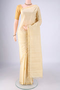 Cream Kanjivaram Silk Saree with Plain Body and Zari Border.  displayed on a mannequin