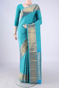 Sky Blue Kanjivaram Silk Saree with Jacquard design on the body and Zari Border.  displayed on a mannequin