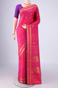 Pink Kanjivaram Silk Saree with Zari Butta on the body and Zari Border.  displayed on a mannequin