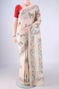 Cream Tussar Silk Saree with Kantha Work on the body and Thread Border.  displayed on a mannequin