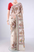 Acid Green Tussar Silk Saree with Kantha Work on the body and Thread Border.  displayed on a mannequin
