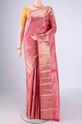 Pink Kanchipuram Silk Saree with Zari Brocade on the body and Zari Border.  displayed on a mannequin