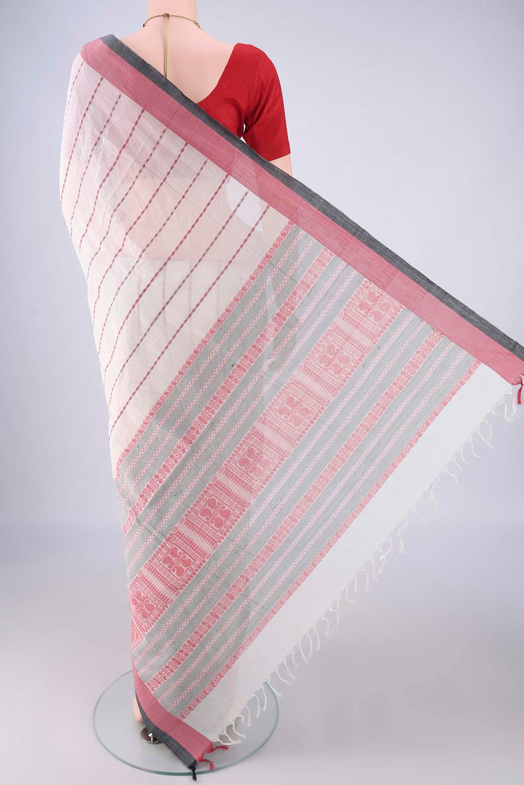 Flat view of White Coimbatore Cotton Saree with Stripes on the body and Thread Border. 