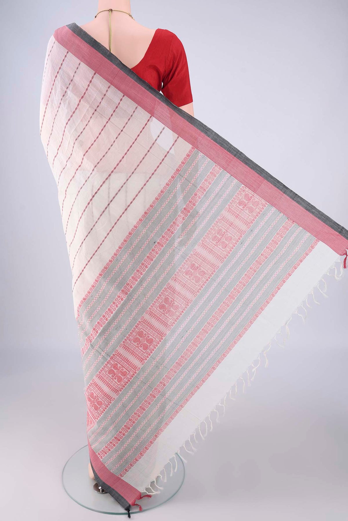 Flat view of White Coimbatore Cotton Saree with Stripes on the body and Thread Border. 