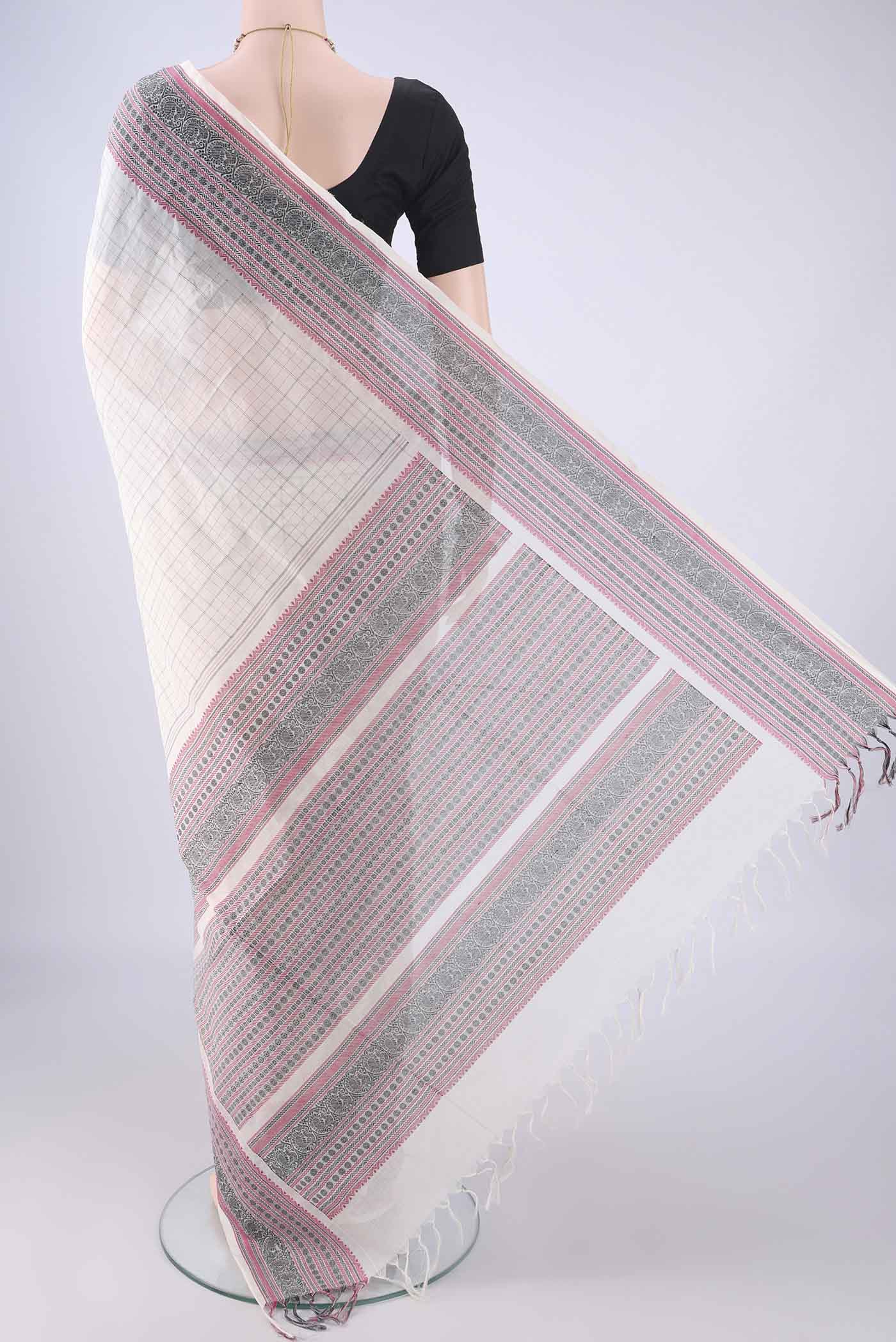 Flat view of White Coimbatore Cotton Saree with Checked design on the body and Thread Border. 