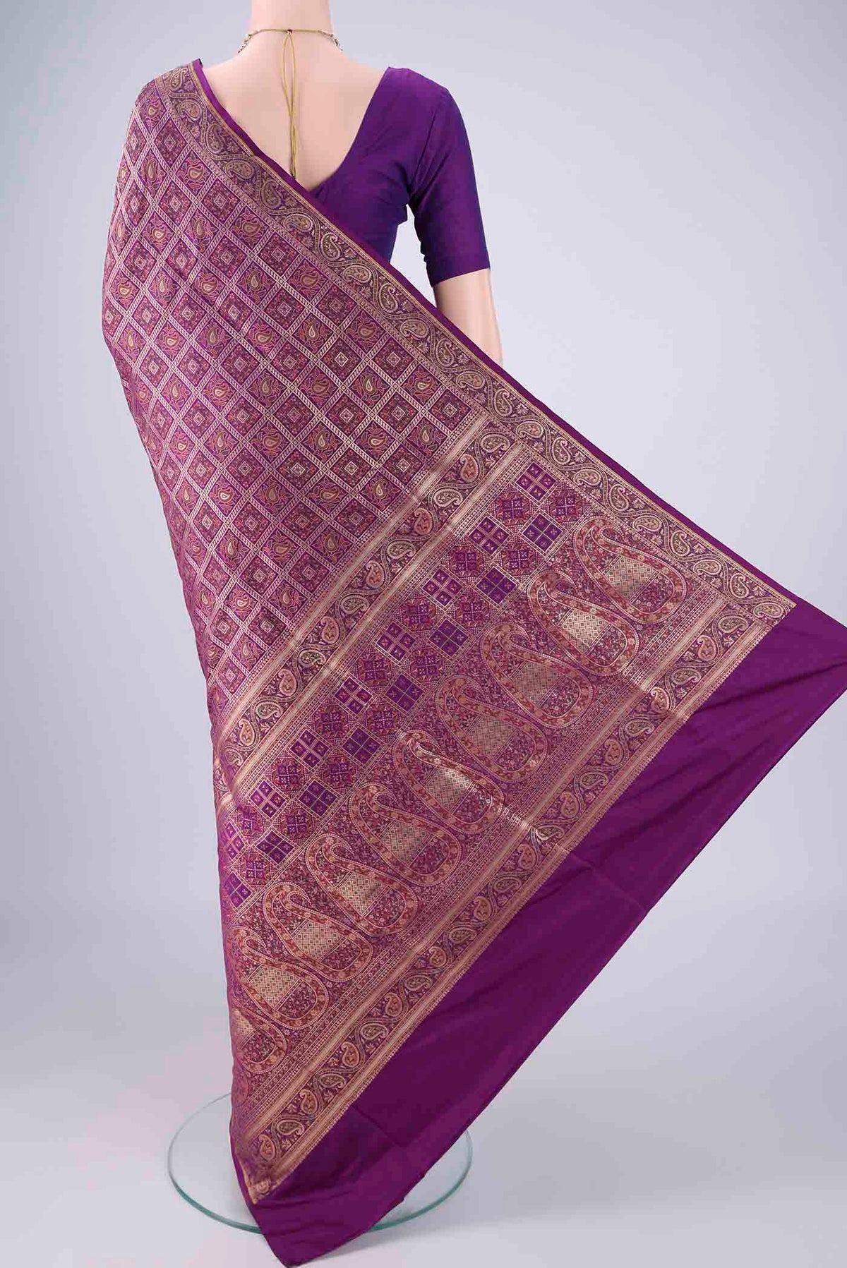 Flat view of Purple Banarasi Jamavar Saree with Checked design on the body and Zari Border. 