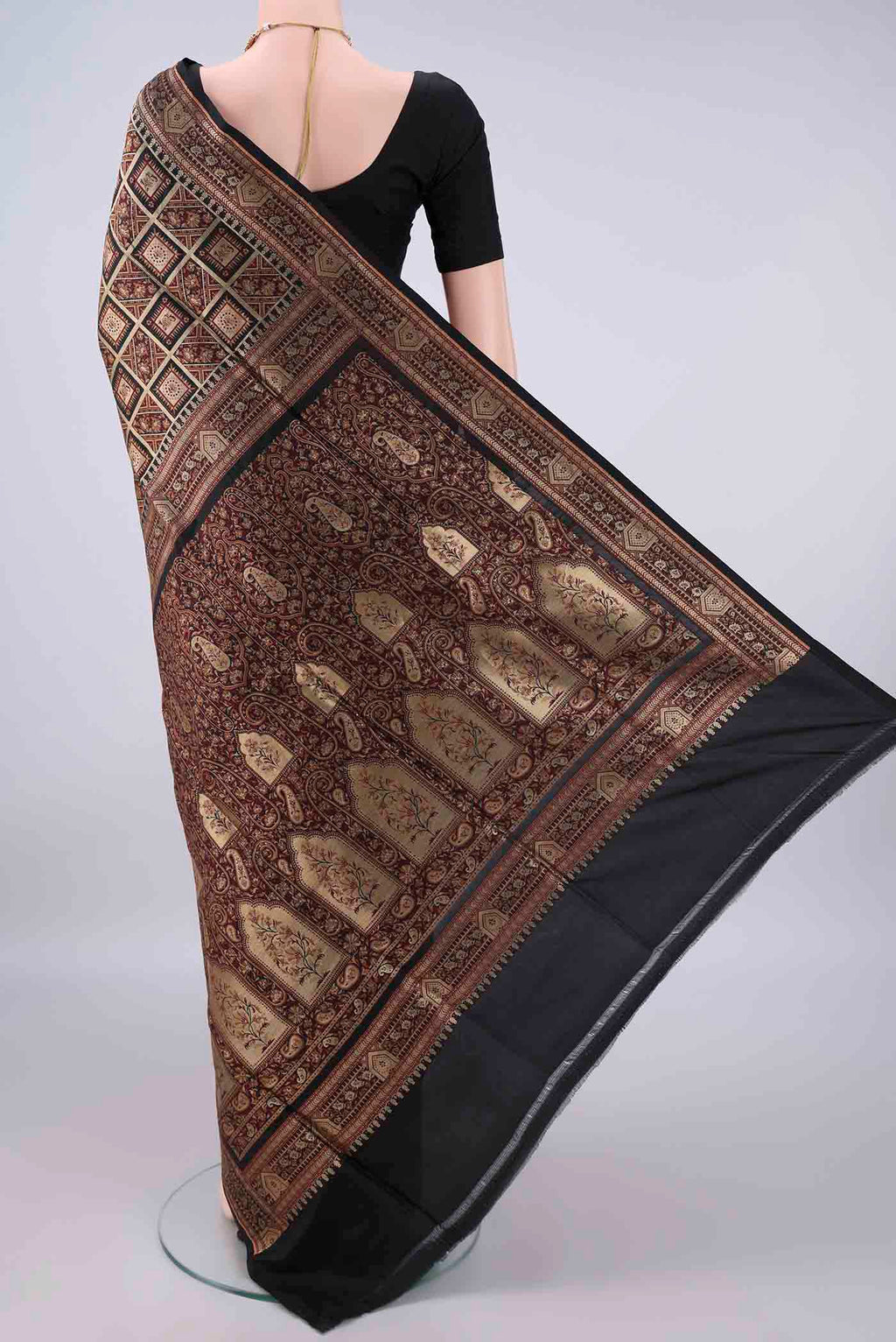 Flat view of Pure Silk Black Banarasi Jamavar Saree with Checked design on the body and Zari Border. 