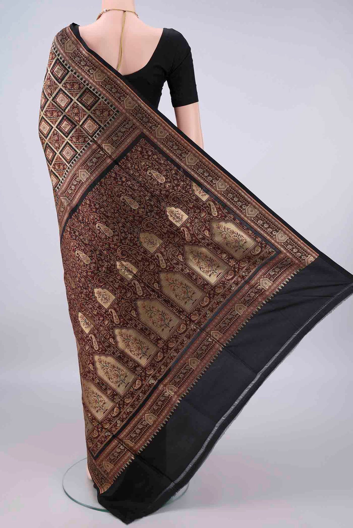 Flat view of Pure Silk Black Banarasi Jamavar Saree with Checked design on the body and Zari Border. 