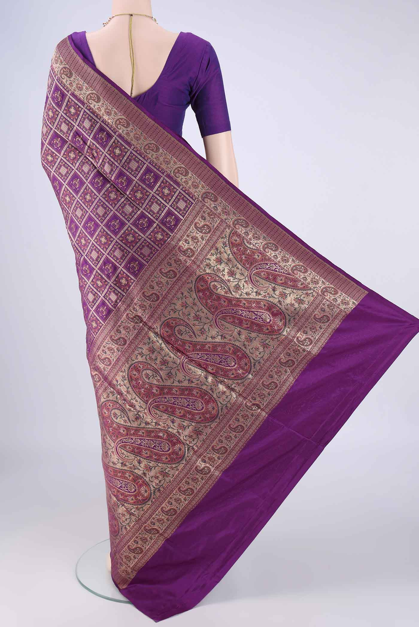 Flat view of Purple Banarasi Jamavar Saree with Checked design on the body and Zari Border. 